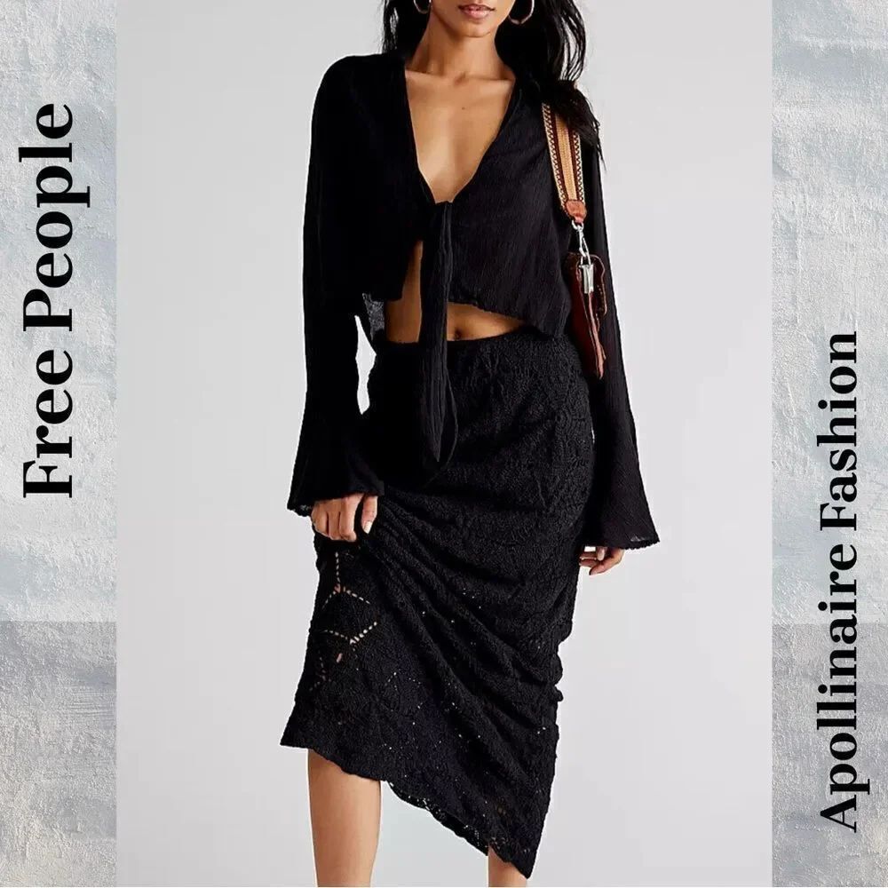 FREE PEOPLE TAVI CROCHET MAXI SKIRT IN BLACK LARGE NEW